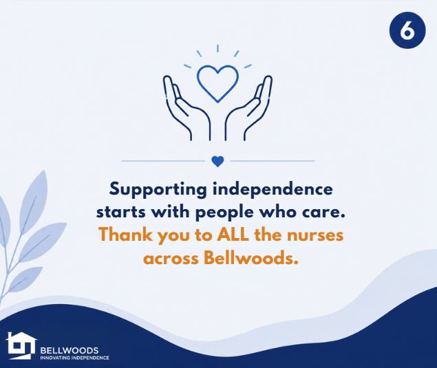 Closing Nursing Week appreciation slide with blue and white minimalist design. Text reads: “Supporting independence starts with people who care. Thank you to the nurses across Bellwoods.” Includes a line-art illustration of hands holding a heart and Bellwoods branding.